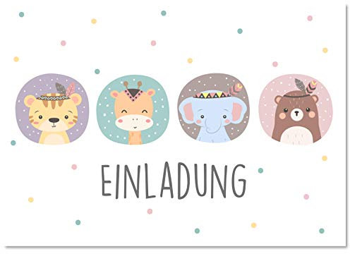 Gentle North 15 x Einladungskarten Kindergeburtstag Tiere - Größe A6 - Coole Einladung zum Geburtstag für Mädchen und Jungen - Witzige Kinder Einladungskarte (Vier Tiere Pastell)