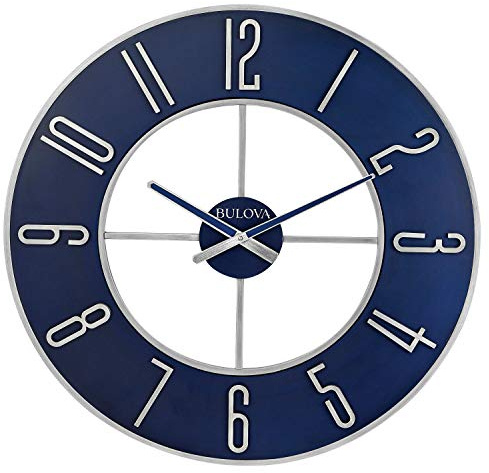 Bulova Wanduhr, Stahl, übergroß, 68,6 cm, silberfarben und blau