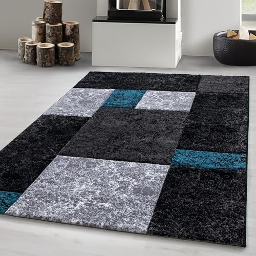 Carpetsale24 Teppich 200x290 cm – Kurzflor Konturenschnitt in Schwarz Grau Blau – Kariertes Design, Extra Weich, Pflegeleicht, Waschbar – Für Wohnzimmer, Schlafzimmer, Esszimmer