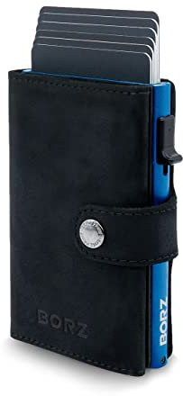 BORZ Prime ® Slim Wallet mit Münzfach AirTag kompatibel I Kartenetui mit RFID Schutz I Mini Geldbörse Cardholder I Geldbeutel für Karten & Scheine aus echtem Leder für Herren & Damen