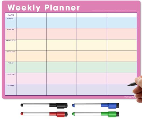 TMS A3 Magnetic Weekly Planner and Organiser – Fully Customisable Whiteboard for Family or Business Tasks and Meal Planning - with 4 Free Magnetic Dry Wipe Pen (Pink - Multi-Coloured, A3)