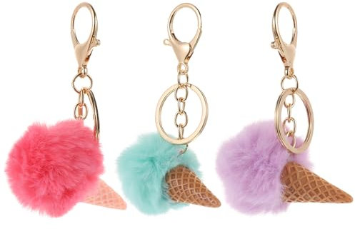 VALICLUD 3 Stück Eiscreme Schlüsselanhänger Plüsch Charm Anhänger mit Schlüsselring pom pom Ball Eistüte Schlüsselbund Schlüsselkette Schlüsselhalter