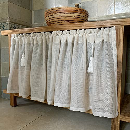 ACMHNC Rideau de Cuisine Court Vintage Transparent Rideau Brise- Bise Style Maison de Campagne Décoration de Fenêtre en Voile Demi Rideau pour Placard,Blanc,W x H 200x75cm