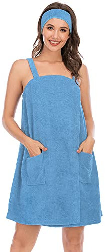 Jamron Damen Verstellbarer Handtuch Wickel Bademantel mit Stirnband für Sport, Dusche, Spa & Strand Cover Ups Blau S