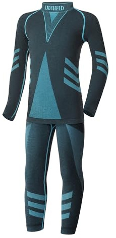Ladeheid Skiunterwäsche Kinder Funktionsunterwäsche Set Langarm Shirt Lange Unterhose Thermoaktiv LAGI009 (Schwarz/Turquoise, 146-152)