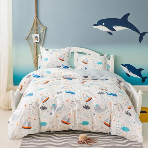 Simple&Opulence 100% Organic Cotton Duvet Cover for Kids Teens, 3 Pieces Soft Comforter Cover with Zipper Closure Cool Boy Girl Sea Sailboat Ocean Bedding Set - Whale, Twin