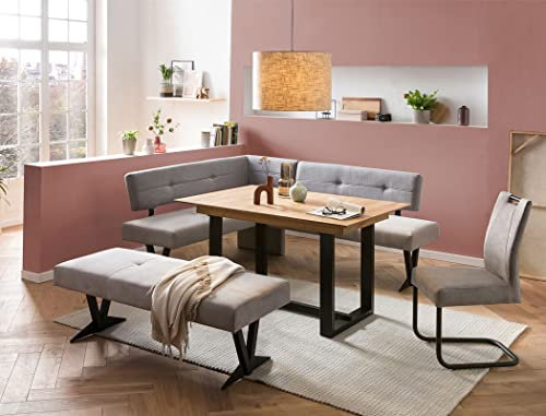 expendio Tischgruppe Esstisch Gunar 1XL 130(180) x90 cm Eiche rustikal massiv + 2X Bank EDA 3 + 1x Stuhl Kato Bezug Kombi Natural Gray, kurzer Schenkel bei Eckbank:Links