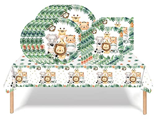 31Pcs Jungle Safari Wild Theme Party Tableware Decorations for Kids Birthday,Green Party Tableware with Animal Jungle Table Cloth,7inch Paper Plates,Paper Napkins for Kids Jungle Safari Party Favor