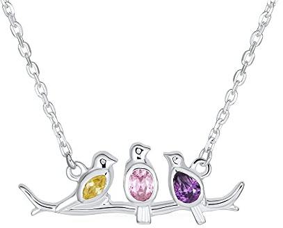 Bling Jewelry Inspirierende Bunte CZ Akzentuierte Horizontale Station Halskette Drei Vögel Sitzen Auf Einem Ast Natur Anhänger Für Frauen Teenager .925 Sterling Silber