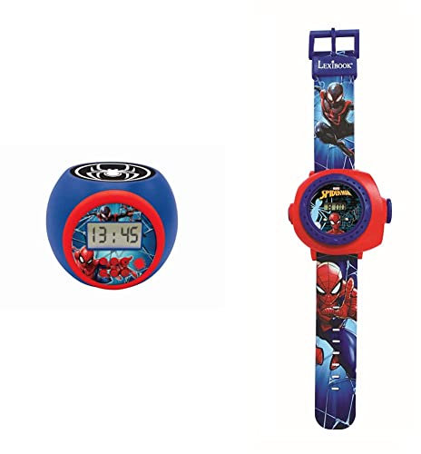 LEXIBOOK Reloj Despertador con proyector Spiderman Marvel con función de repetición y Alarma, luz Nocturna con Temporizador & Reloj Correa Ajustable Pantalla Digital -Rojo y Azul