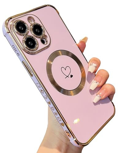 ZTOFERA Magnetic Case for iPhone 14 Pro Max Compatible with MagSafe, Flexible Soft Silicone Protective Phone Case with Cute Love Heart Pattern Golden Rim Shockproof Bumper Cover, Purple