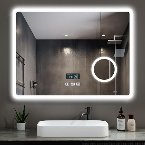 Heilmetz Bathroom Mirror with Led Lights, 800 x 600mm Bathroom LED Mirrors Wall Mounted, Bluetooth Illuminated Mirror with Demister Clock 3x Magnification, Colour Changing Mirrors Horizontal