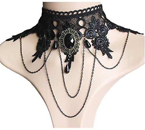 Clataly Gothic Black Sexy Lace Necklaces Tassel Collar Choker Halloween Party Accessories for Women Girls (Black necklace 5)