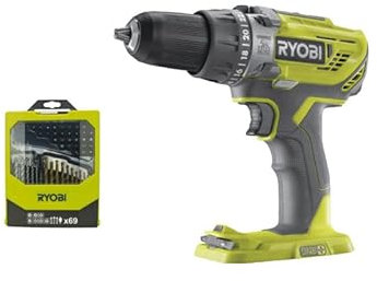 Pack RYOBI - Perceuse à percussion R18PD3-0 - 18V OnePlus sans batterie ni chargeur - Coffret 69 accessoires mixtes pour perçage et vissage RAK69MIX