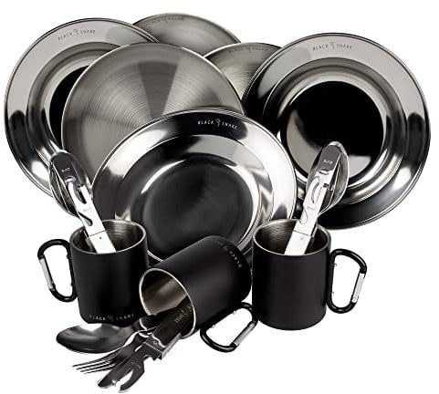Black Snake® Camping Geschirr Set - flacher & tiefer Teller mit Besteck und Karabinerhaken Tasse - Edelstahl Outdoor Set für Camping & Picknick - 3 Personen