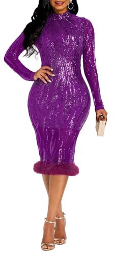 VERWIN Robe moulante patchwork à paillettes pour femme - Robe élégante à manches longues - Plume - Robe de fête, violet, Taille L