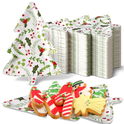 Suttmin 100 Stück 27,9 x 20 cm Weihnachtspappteller in Weihnachtsbaumform Teller Einweg Weihnachtsbaum Teller Xmas Dinner Papierschale Weihnachten Party Teller für Kekse Süßigkeiten Salat (Beere)
