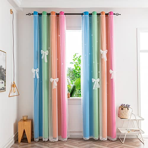 Yancorp Vorhänge für Mädchen, Schlafzimmer, Kinderzimmer, Vorhang mit ausgehöhlten Sternen, 213,4 cm Länge, Raumverdunkelung, Ösen, 2 Schichten (vier Farben - R, B 52 x L 96)