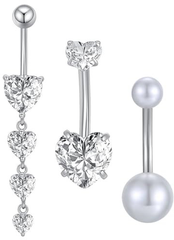 Besyvvin 3er Silber Bauchnabelpiercing 10mm Chirurgenstahl Herz Anhänger Perle Bauchpiercing Piercing Bauchnabel Schmuck Damen