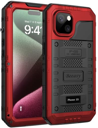 Beeasy für iPhone 15 Hülle Wasserdicht Outdoor Stoßfest Metall Schutzhülle, Militär 360 Grad Panzerhülle Staubdicht mit Displayschutz Robust Hardcase Heavy Duty Handyhülle Case 6,1, Rot