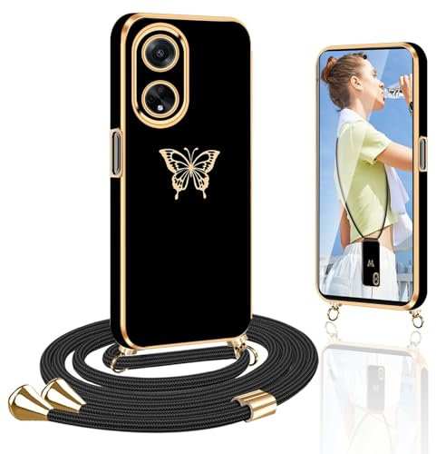 Yutwo Funda Mariposa con Cuerda Compatible con OPPO A98 5G, Carcasa Antigolpes Anti-Arañazos TPU Silicona con Cordón Ajustable, Negro