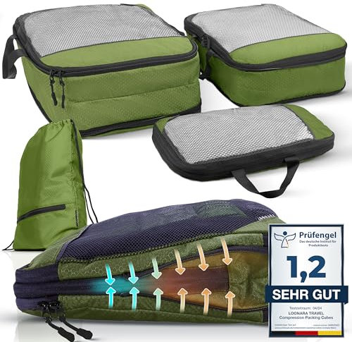 Packtaschen Kompression für Koffer und Rucksack [4-teilig] mit Packbeutel - mehr Platz im Koffer oder Backpack durch Kompression – Kleidertaschen Kompression für deine Wander Ausrüstung (grün)