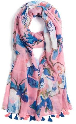 QIUTIMIY Écharpe pour femme légère et douce à imprimé floral léopard - Châle tendance automne-hiver avec franges(Fleur-bleu rose)