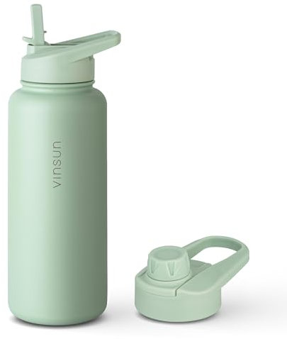 Vinsun Trinkflasche Edelstahl grün 1L - auslaufsicher, Kohlensäure geeignet, BPA frei - Strohhalm, Trinköffnung - Thermosflasche Sport, Outdoor, Schule, Wandern, Fahrrad, Büro, Camping