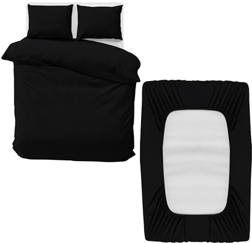 MOONLIGHT20015 Double Bedding Set 4 Piece Duvet Cover Fitted Sheet with Pillow cases Soft Brushed Microfiber Duvet Cover sets Black