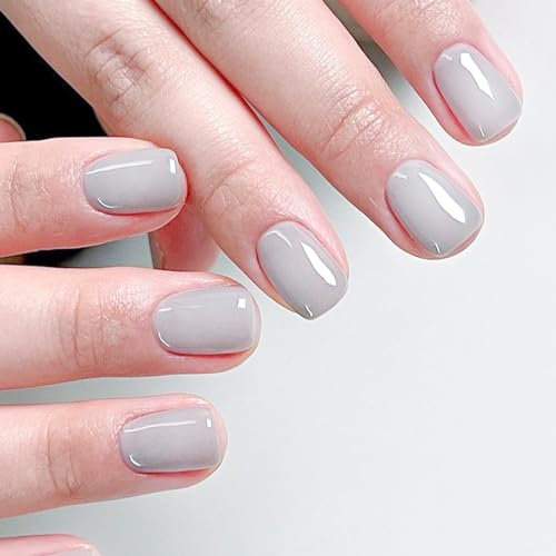 Ceboic 24Pcs Français Faux Ongles Court Press on Nails Couleur Pure Ballerine Acrylique Couverture Complète Ongles à Coller Naturel Artificiels Faux Ongles pour Femme Fille DIY Manucure (Gris Clair)