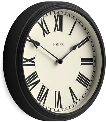 Jones Clocks® Hackney wall clock | Classic roman numeral clock | 30cm | Black | Traditional round clock for kitchens, hallways or living spaces with character.