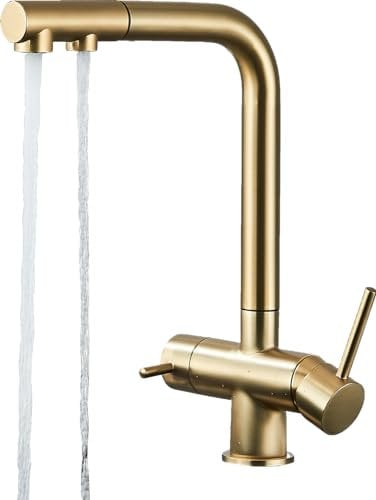 Felix | 3 Wege Premium Gold matt ausziehbare Armatur | Gastro Edelstahl Osmose Wasserhahn Küche |Mischbatterie - 360 Grad | Filter 3 Anschlüsse