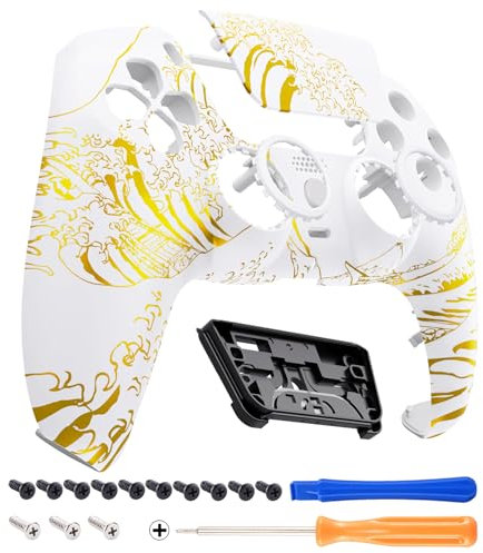 eXtremeRate Luna Re-Design Front Hülle für ps5 Controller BDM-010/020/030/040/050, Ersatzgehäuse&Touchpad&Accent-Ring, Custom integrierend Case Cover Zubehör für ps5 Controller-Goldene Welle Weiß
