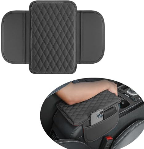 Car Center Console Cover with 2 Side Storage Bags, Upgraded Leather Car Armrest Cover with Side Pockets, Universal Car Armrest Storage Box Car Interior Accessories for Most Vehicles. (Black)