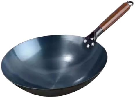 LOVIVER Padella Wok Wok Antiaderente Pentole a Gas Cottura Generale Padelle Wok Manico in Legno Ferro Wok a Fondo Tondo per Carne Toast Omelette Torte, 32 cm