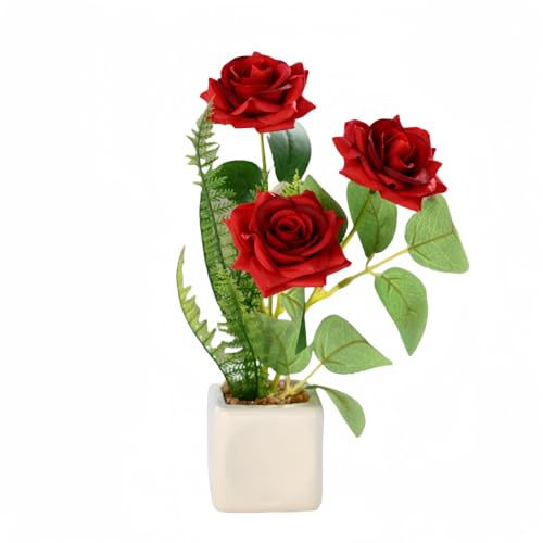 XIZHI 9.5 Artificial Rose Flowers with Pot Roses Artificial Flowers Potted Plant Fake Roses Plant Potted Faux Silk Flower Décor for Home Kitchen Wedding Office Desk Decoration (Red)
