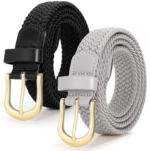 VONMELLI 2 Packungen Taillengürtel Damen Herren, Flechtgürtel Verstellbarer Elastischer Stoffgürtel Unisex 2.5cm Länge 90-120 cm Schwarz+Grau S