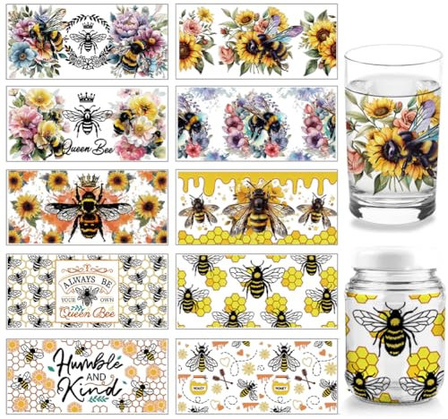 arricraft 10 feuille D'Enveloppe de Tasse UV DTF, 10 styles Tournesol Abeille Nid D'Abeille Frotter Sur les Transferts Papier PVC Imperméable Frotter Sur les Décalcomanies pour Bricolage