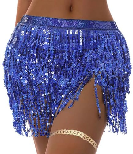 Unicra Bauchtanzrock Pailletten Quaste Fransenröcke Hip Party Kostüm Bauchschal Rave für Frauen und Mädchen (DE/NL/SE/PL, Alphanumerisch, M, Regular, Regular, Standard, dunkelblau)