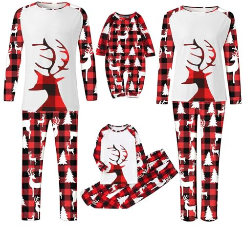 TianWlio Pyjama de Noël Famille Ensemble Vêtements de Nuit Manches Longues Christmas Doux T-Shirt et Pantalon Wapiti à Carreaux Imprimé Papa Maman Enfants Bébé Couple Nightgown
