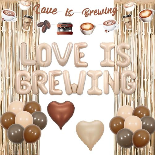 Funmemoir Coffee Bridal Shower Decorations Love Is Brewing Balloons Banner Coffee Theme Garland Foil Fringe for Girls Women Coffee Theme Bachelorette Bridal Shower Wedding Shower Party Supplies