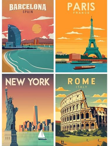 SHEGZHUC 4er Pack Diamond Painting Stadt Poster 30x40cm Vintage Poster Landschaft Reiseposter Diamant Malerei Kunst Stickerei Kreuzstich Bilder Geschenk Wanddekoration