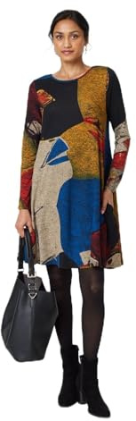 Izabel London Abstract Print Long Sleeve Short Swing Dress for Women UK with a Scoop Neck, Pockets & Short Hem. Red