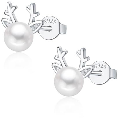 Glintara Silber Weihnachten Ohrringe Damen, 925 Sterling Silber Elch Perle Ohrstecker, Hypoallergen Schlafen Ohrringe Stecker Weihnachts Geschenke für Frauen Mädchen