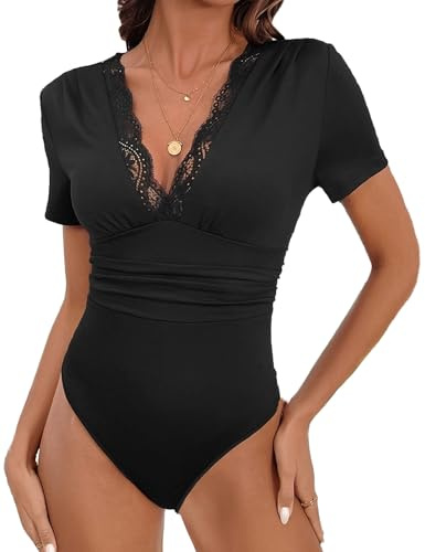 Everbellus Mujer Encaje Elegantes Body Top Escote en V Profundo Manga Corta