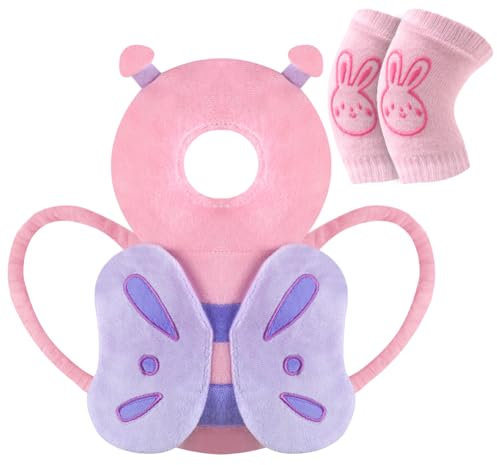Vicloon Baby Kopfschutz, Verstellbare Schutzkissen Baby, Atmungsaktive Baby Head Schutzpolster für Kinder 4-24 Monate, Einstellbare Säugling Kissen Rucksack mit Knieschützer (Rosa Schmetterling)
