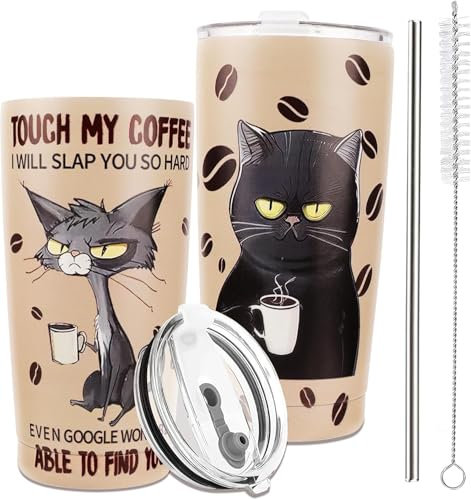 Afoxon Gifts for Cat Lovers, 20oz Cat Tumbler with Lid,Cats Travel Coffee Cup, Touch My Coffee I Will Slap You, Funny Birthday Gift for Women Men