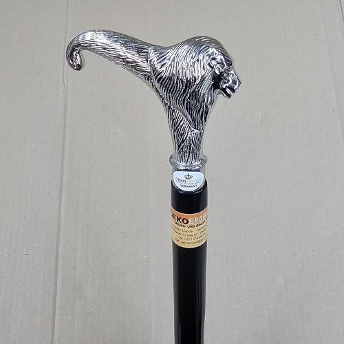 Eleganter dekorativer Holz Gehstock, Spazierstock mit silbernem Metall Griff 95 cm lang und 550 Gramm schwer. Mit robusten rutschfesten Gummi Griff Löwe