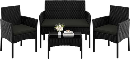 Abician 4 Pièces Salon de Jardin Exterieur en Polyrotin, Mobilier de Jardin avec Coussins d'Assise, Canapé 2 Places, 2 Fauteuils et 1 Table, Meubles Ensemble pour Extérieur Balcon Terrasse Noir/Gris