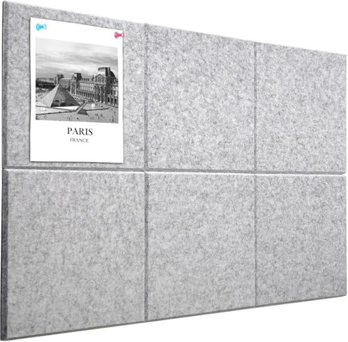Cork Board Alternative 90 x 60 cm Notice Pin Board Bulletin Board for Home Office Kitchen Photos Memos - 6 Pack Removable Felt Wall Tiles with 20 pushpins - Silver Gray